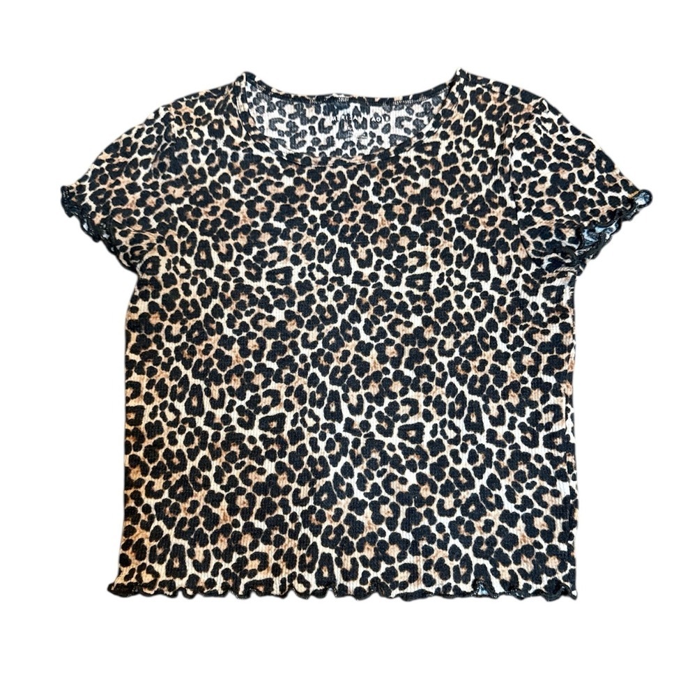 American Eagle AE Leopard Print Ribbed Baby Tee Short Sleeve Lettuce Trim XS